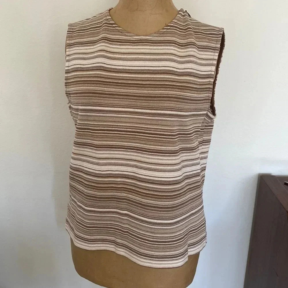 St John sz M knit tank striped beige tan light brown wool rayon blend great cond